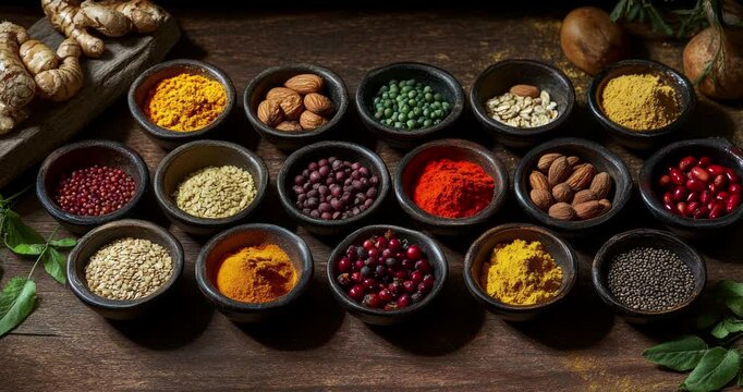 Colorful composition of various spices and herbs on a wooden background. Colorful array of healthy food including fruits and vegetables. Healthy eating. Top view with copy space