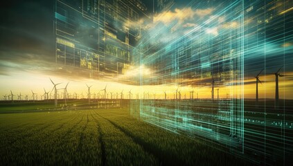 Wind farm overlaid with digital interface at sunset.  Green fields and turbines under a digital overlay of data and schematics