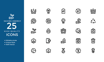 Saving Energy Line Icons – Editable Vector Symbols for Eco-Friendly, Sustainability, Recycling, Green Planet, Renewable Energy, and Environmental Conservation Concepts