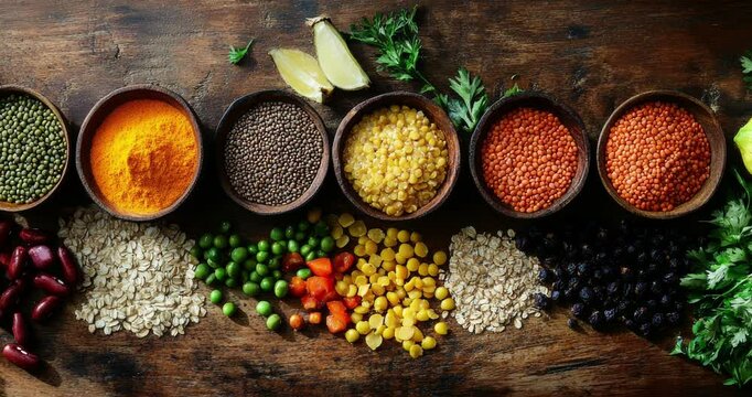 Colorful composition of various spices and herbs on a wooden background. Colorful array of healthy food including fruits and vegetables. Healthy eating. Top view with copy space