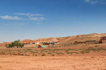 Houses at Pingshan Hu Grand Canyon in summer, Zhangye City, Gansu Province in China