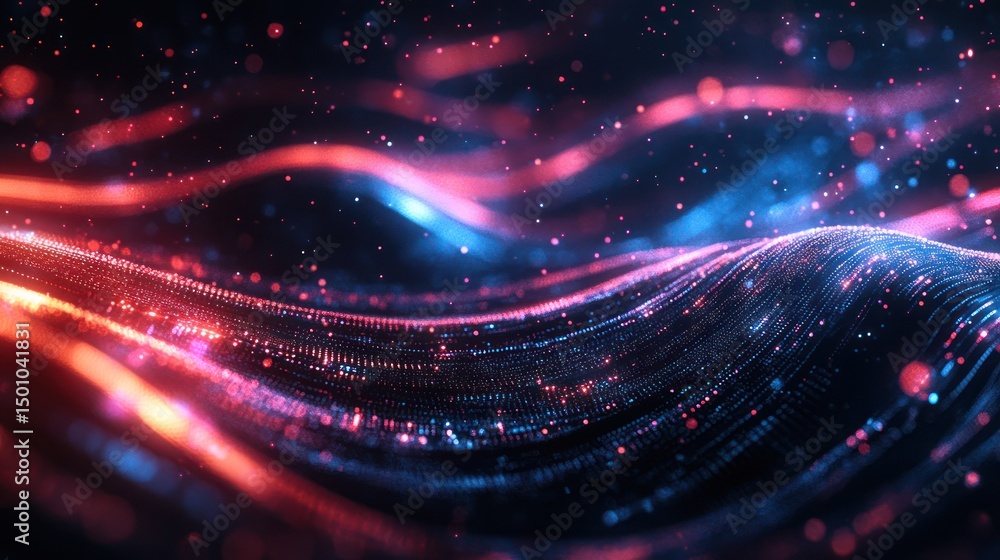 Poster nebula glow wave formed from glowing particles flowing on digital background