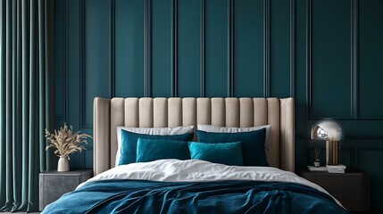 Midnight Teal Silk Curtain contrasting against a velvet headboard and matte wall textures Dark Mood Luxury Interiors Teal and Noir Silk Concept Spaces