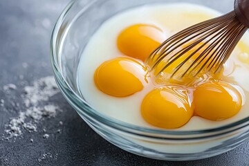 Fresh eggs being whisked in a glass bowl on a gray surface.