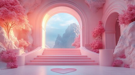 Pastel pink stairs lead to a mountain view through arched doorways in a whimsical scene