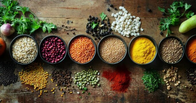 Colorful composition of various spices and herbs on a wooden background. Colorful array of healthy food including fruits and vegetables. Healthy eating. Top view with copy space