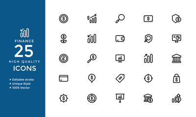 Finance Line Icons – Banking, Investment, Accounting, Audit, Income, Loan, Money, Tax, Budget, Financial Growth and Business Economy Editable Vector Symbols Set