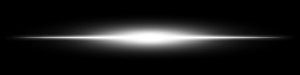 White light burst. Horizontal glowing ray with soft edges, shining core, radial beam gradient on black background. Suitable for future, energy, sci-fi, technology, speed, flash.