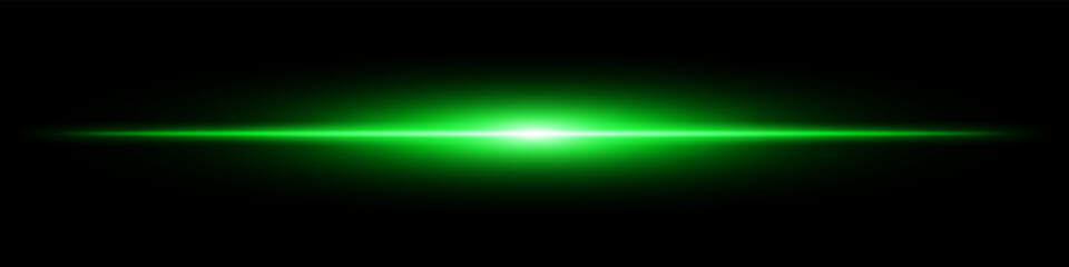 Green light burst. Horizontal glowing ray with soft edges, shining core, radial beam gradient on black background. Suitable for future, energy, sci-fi, technology, speed, flash.