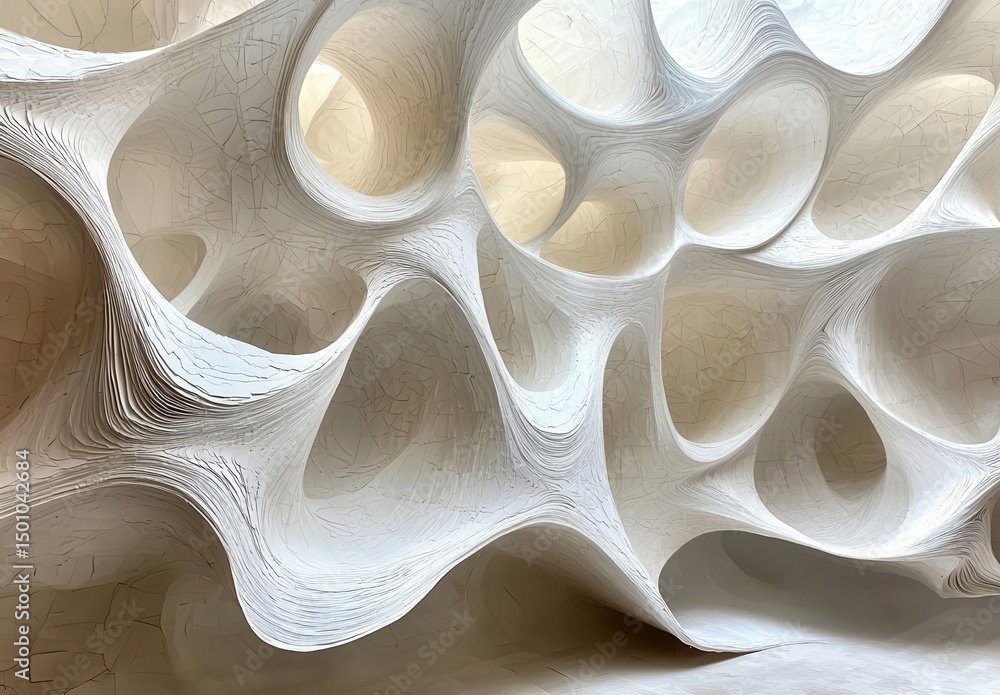Poster abstract design showcasing intricate white forms and curves in modern architecture, creating a uniqu