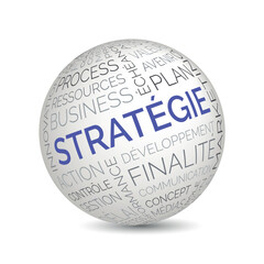 French strategy concept sphere with planning and business keywords