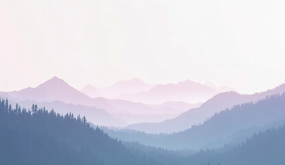 Fototapeta premium “A tranquil mountain range under a pale sky, soft pastel color grading with muted blues and lavender, minimal trees in silhouette