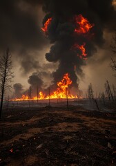Fototapeta premium Dramatic Photo Of Wildfire Burning Forest With Orange Flames And Black Smoke