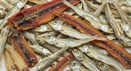 Dried Fish Pile Close Up Texture On White Background Photo