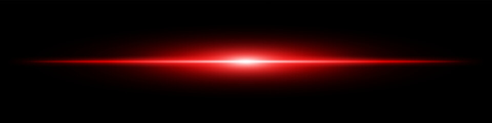 Red light burst. Horizontal glowing ray with soft edges, shining core, radial beam gradient on black background. Suitable for future, energy, sci-fi, technology, speed, flash.