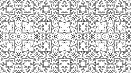 Seamless pattern of geometric shapes with star and diamond elements in black and white