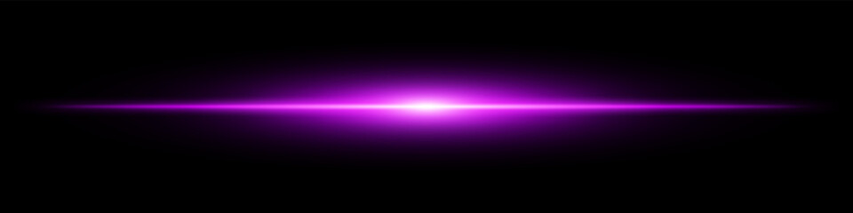 Purple light burst. Horizontal glowing ray with soft edges, shining core, radial beam gradient on black background. Suitable for future, energy, sci-fi, technology, speed, flash.