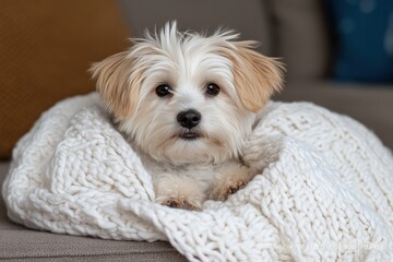 Dog wrapped in blanket portrait cute animal comfort