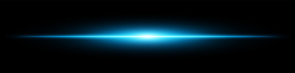 Blue light burst. Horizontal glowing ray with soft edges, shining core, radial beam gradient on black background. Suitable for future, energy, sci-fi, technology, speed, flash.