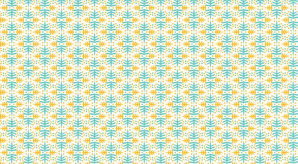 Decorative botanical seamless pattern featuring leaves in teal and gold color repeating.