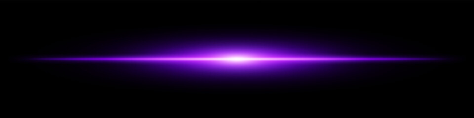 Purple light burst. Horizontal glowing ray with soft edges, shining core, radial beam gradient on black background. Suitable for future, energy, sci-fi, technology, speed, flash.