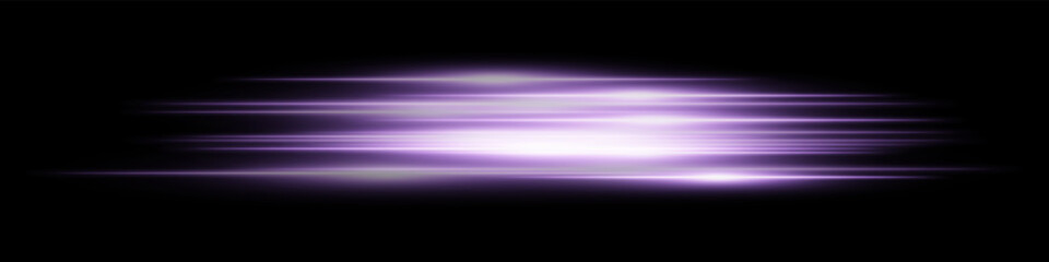 Purple light speed effect. Multiple horizontal streaks in neon glow with speed motion on dark transparent background. Ideal for technology, digital, future, sci-fi visuals.