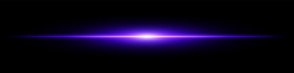 Purple light burst. Horizontal glowing ray with soft edges, shining core, radial beam gradient on black background. Suitable for future, energy, sci-fi, technology, speed, flash.