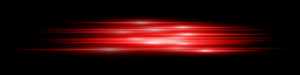 Red light speed effect. Multiple horizontal streaks in neon glow with speed motion on dark transparent background. Ideal for technology, digital, future, sci-fi visuals.
