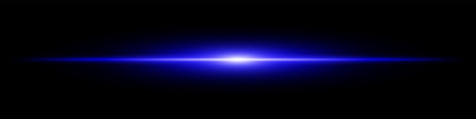 Blue light burst. Horizontal glowing ray with soft edges, shining core, radial beam gradient on black background. Suitable for future, energy, sci-fi, technology, speed, flash.