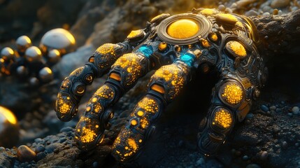 Ornate metallic hand, glowing amber and cyan accents, rests on dark ground near reflective spheres