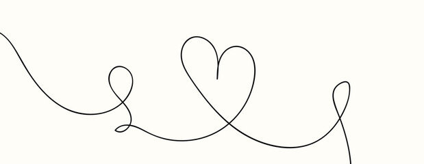 Heart and love sign in continuous one line drawing. Thin flourish and romantic symbol in simple linear style. Editable stroke. eps 10