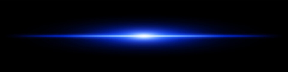 Blue light burst. Horizontal glowing ray with soft edges, shining core, radial beam gradient on black background. Suitable for future, energy, sci-fi, technology, speed, flash.