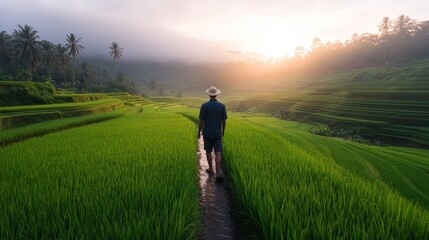 Person walking through green rice terraces at sunrise serene tropical landscape