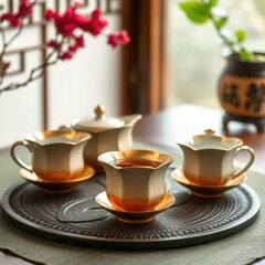 Obraz premium Elegant Tea Set with Gold Accents on Decorative Tray in Cozy Tea Room