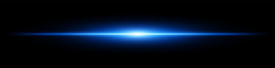 Blue light burst. Horizontal glowing ray with soft edges, shining core, radial beam gradient on black background. Suitable for future, energy, sci-fi, technology, speed, flash.