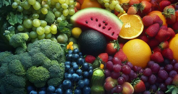  Healthy food concept with fruits and vegetables. Colorful vegetables, fruits, and grains. Fresh vegetable and fruit. Organic fruits. Healthy food. Healthy eating. Nutrition food. Top view. Copy space
