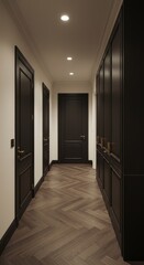 Elegant Hallway Interior Perspective With Dark Doors and Wood Floor Photo