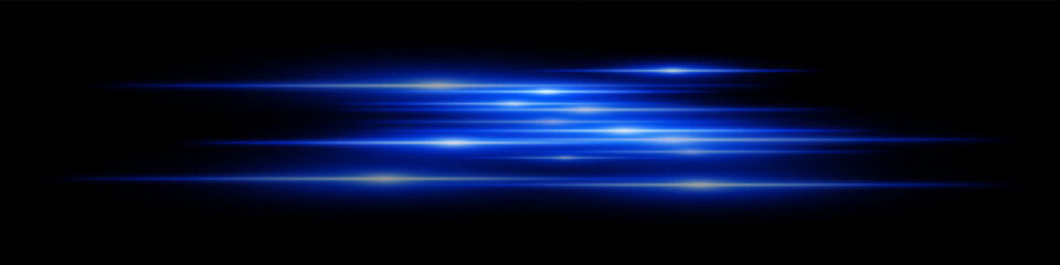 Blue motion streaks. Blurred glowing lines with soft light burst on black background, creating illusion of movement and depth. Ideal for speed, sci-fi, tech, energy effects.