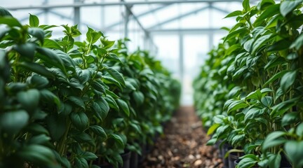 Lush basil plants in a greenhouse, symbolizing growth, health, and sustainable gardening practices