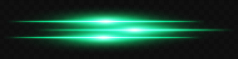 Obraz premium Green triple flare. Three horizontal glowing beams with vibrant energy core on dark background. Ideal for future, energy, sci-fi, tech, power, digital effect.