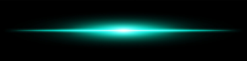 Green light burst. Horizontal glowing ray with soft edges, shining core, radial beam gradient on black background. Suitable for future, energy, sci-fi, technology, speed, flash.