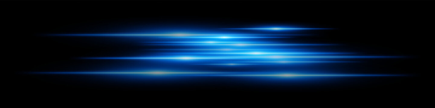 Blue motion streaks. Blurred glowing lines with soft light burst on black background, creating illusion of movement and depth. Ideal for speed, sci-fi, tech, energy effects.