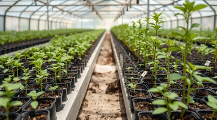 Young plants growing in pots inside a greenhouse, symbolizing growth, care, and sustainable farming