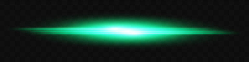 Green light flash. Intense horizontal burst with glowing streaks on transparent background. Dynamic, hot energy line ideal for speed, sci-fi, power, laser, heat.