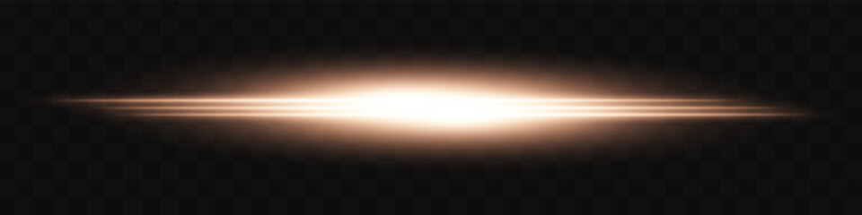 Obraz premium Golden light flash. Intense horizontal burst with glowing streaks on transparent background. Dynamic, hot energy line ideal for speed, sci-fi, power, laser, heat.