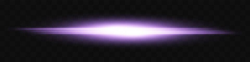 Purple light flash. Intense horizontal burst with glowing streaks on transparent background. Dynamic, hot energy line ideal for speed, sci-fi, power, laser, heat.