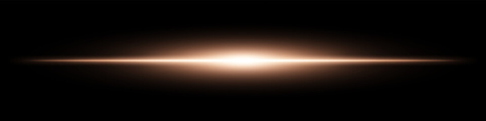 Golden light burst. Horizontal glowing ray with soft edges, shining core, radial beam gradient on black background. Suitable for future, energy, sci-fi, technology, speed, flash.