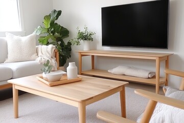 Modern living room interior with natural wood furniture and television set