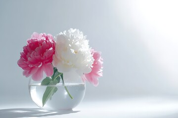 Obraz premium Minimalistic composition featuring delicate pink and white peonies in transparent glass vase on light neutral backdrop. Ideal for wedding invitations, interior styling and product displays
