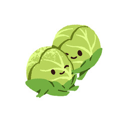 Couple of cute cabbages loves each others and hugs. Happy pair of vegetables cuddles together. Funny farm cartoon characters embrace. Flat isolated hand drawn illustration on white background